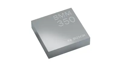 BMM350 磁力計採用TMR（隧道磁阻）技術，精度出色、雜訊極低